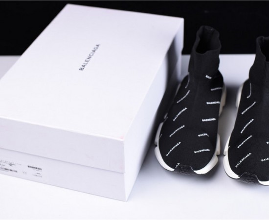 Balenciaga Speed Trainer Shoes Logo Print Black White
