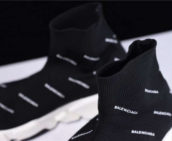 Balenciaga Speed Trainer Shoes Logo Print Black White